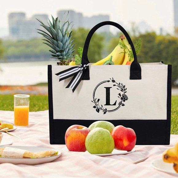 Handbags - Letter L Initial Cotton Canvas Tote Bag